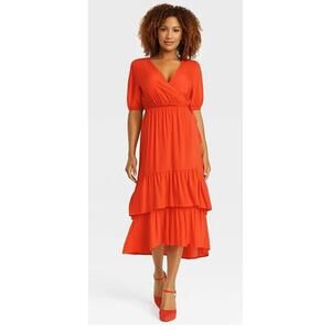 Knox Rose Red Short Sleeve Tiered Wrap Midi Dress Size XXL